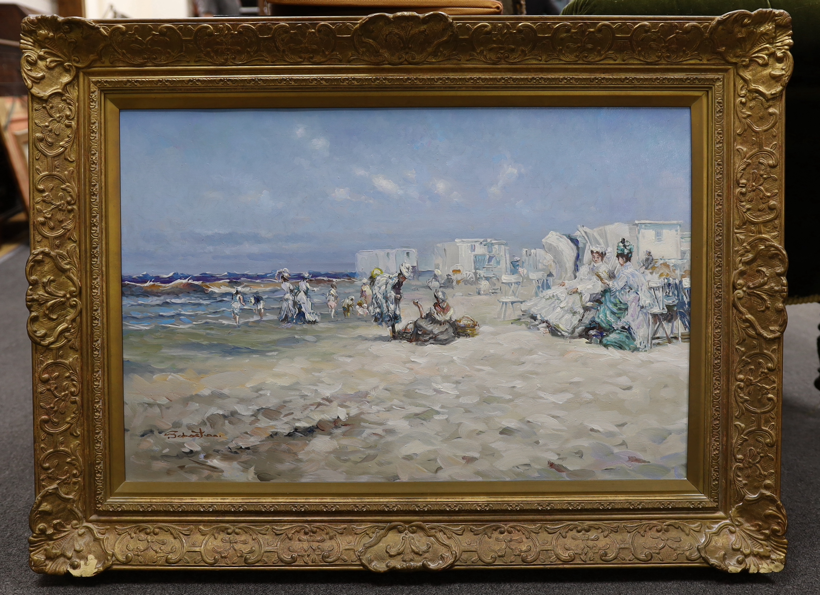 Sebastian, impressionist oil on canvas, Beach scene with figures, signed, 48 x 74cm